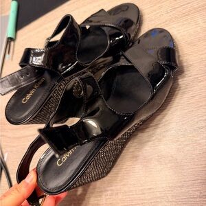 Calvin Klein Glossy Black Patent Wedge Sandals with Textured Heel